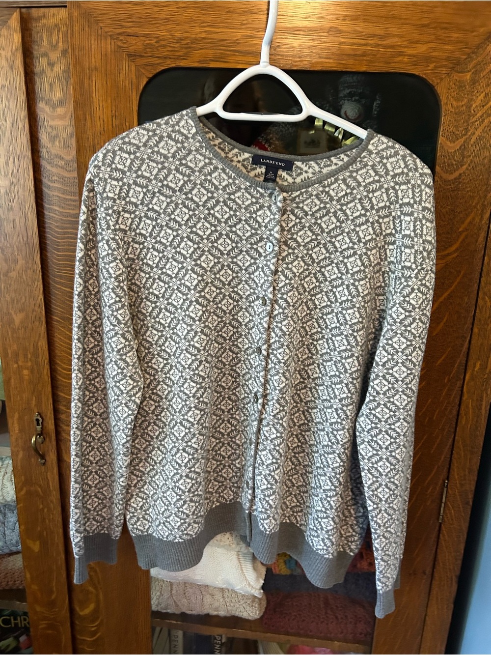 Lands' End Fair Isle/ Nordic Cardigan Sweater, Grey and White, Women’s. Like New